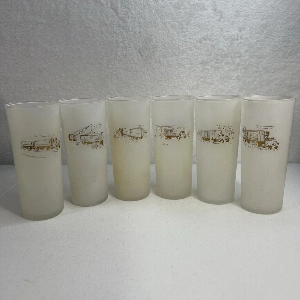 Vintage Rare Lot 6 Glass Frosted White Gold Etching Semi Trailer Crane Big Rig‎